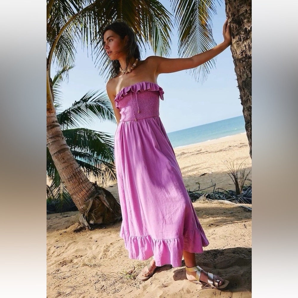 NWOT FREE PEOPLE Dress Womens Lush Life Linen Strapless Midi Opera Mauve Size S - Picture 3 of 16